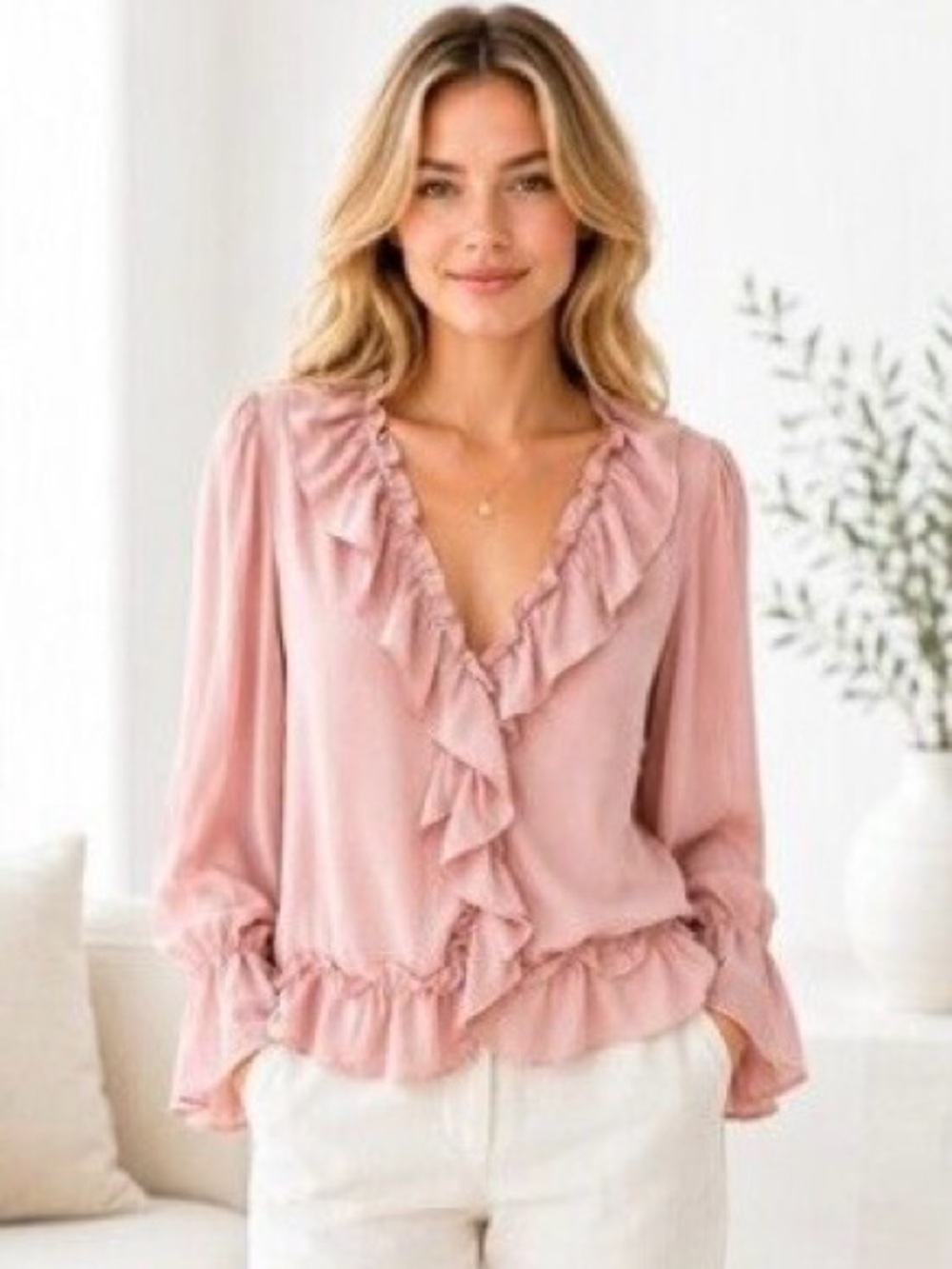 Counterparts Dusty Pink Ruffle V-Neck Long Sleeve Blouse Top Medium